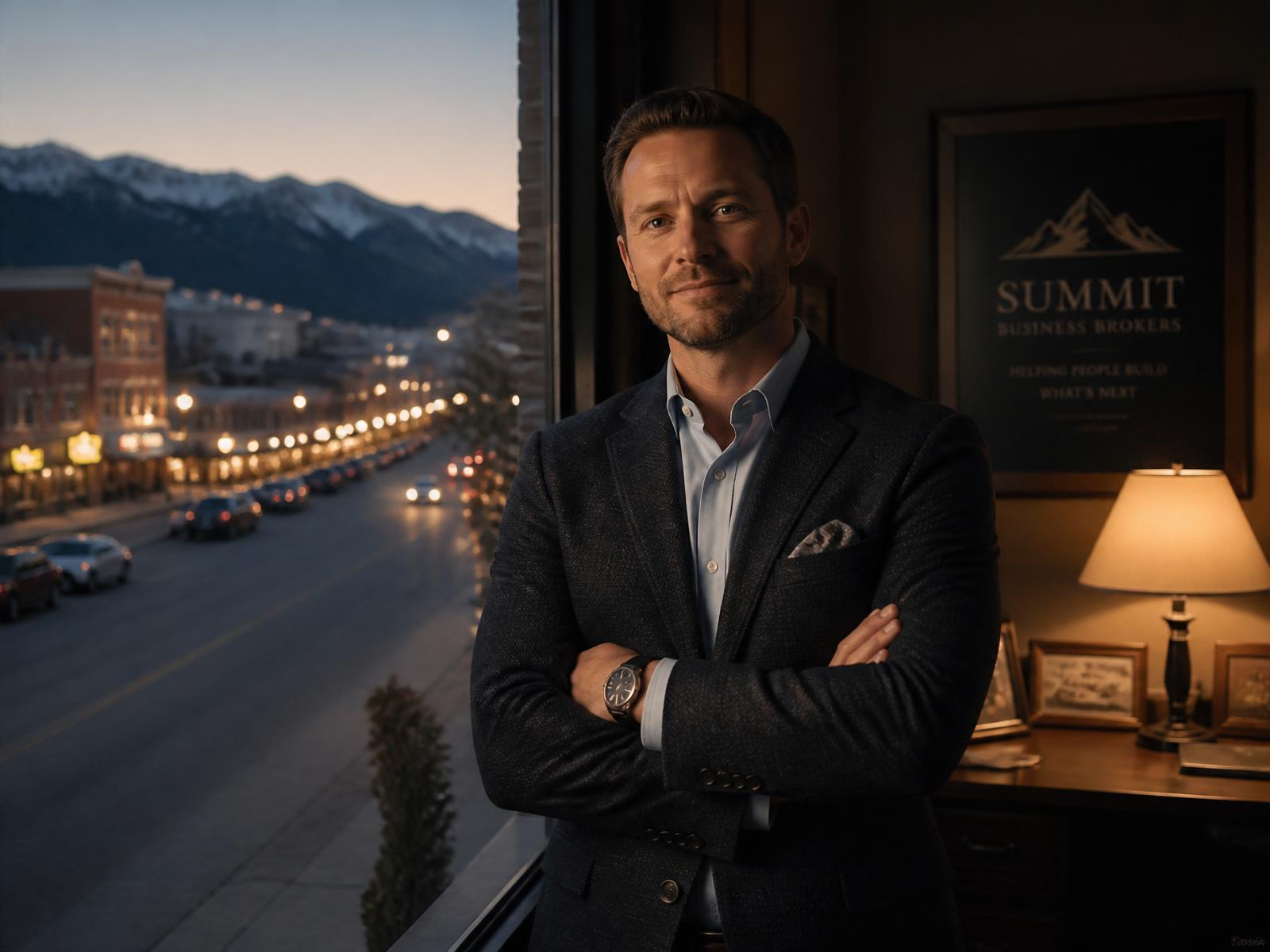 A business broker at the window of a main street office at dusk, his firm's sign on the wall behind him